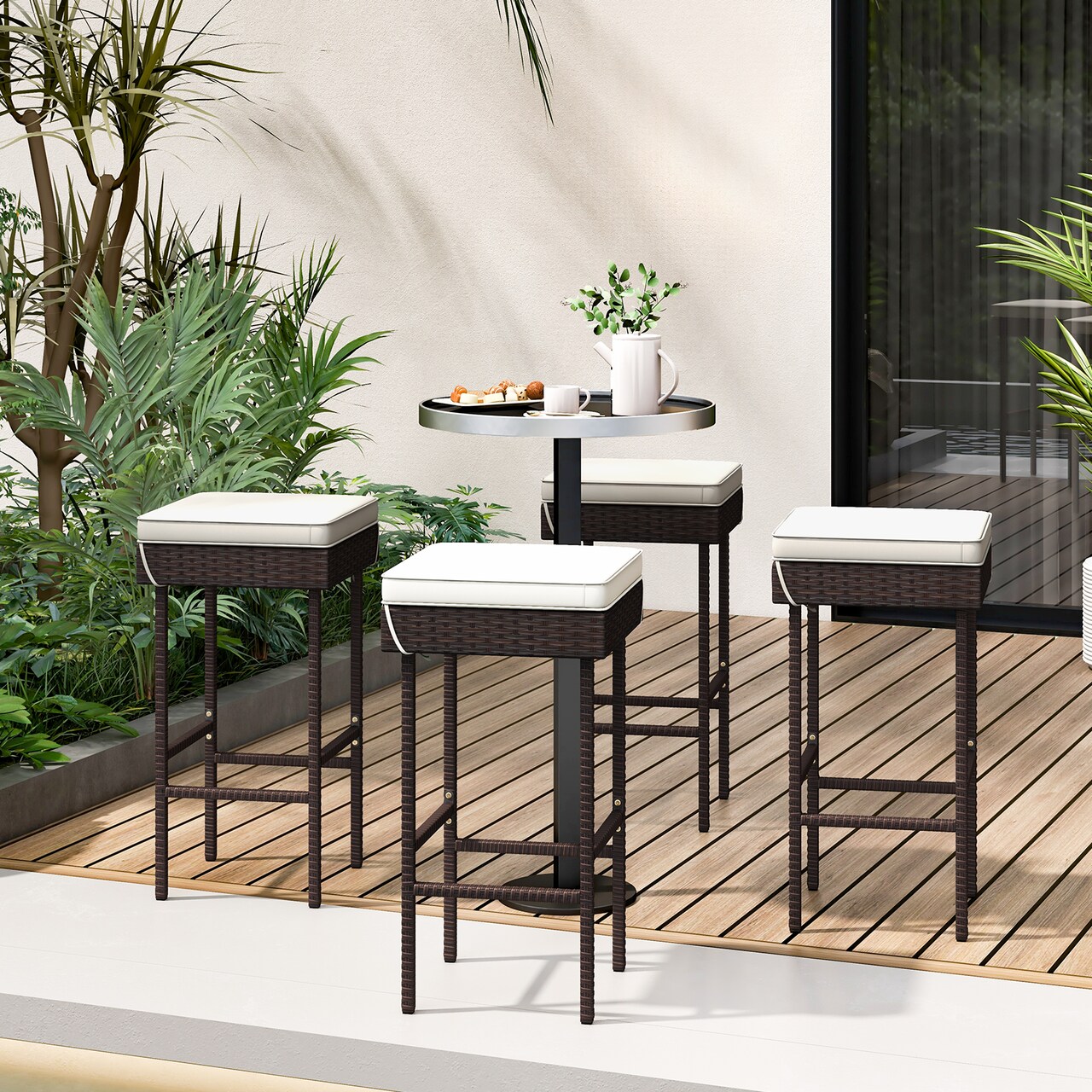 Patio Rattan Barstools Set of 4 with Footrest and Soft Cushions for Backyard Balcony